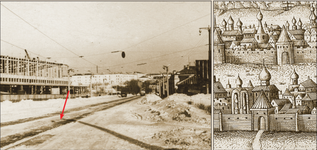 Справа — Ильинские ворота на гравюре Адама Олеария XVII столетия, слева их место в 1965 году. Здесь в центре — перспектива старой Кремлевской улицы, на заднем плане — крепость, слева — строящийся Дворец спорта. Архив С.П. Саначина