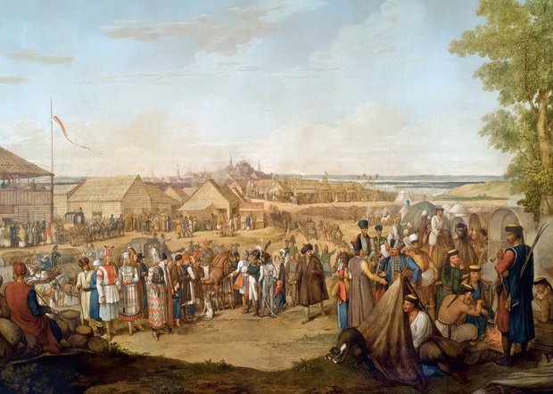 Макарьевская ярмарка в начале XVIII века. Картина Г.Э. Опица