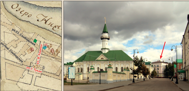 Место Прикабанной мечети (выделена синим) на совмещенном плане и в условиях современной Казани. Фото: Андрей Останин. 2021 год