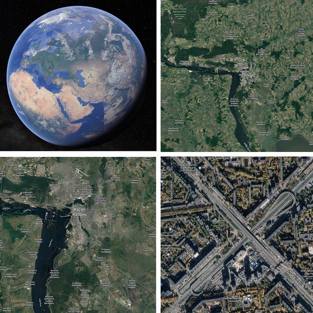 Эффектный прием зуммирования в технологии Google Earth "Планета Земля". Изменяя фокусное расстояние объектива камеры цифровой модели глобуса, мы рассматриваем космические виды планеты Земля разного масштаба