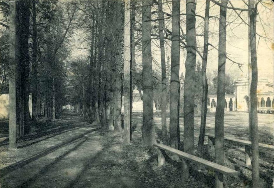 А вот такой у нее был вид за 30 лет до этого. Тут уже видна ракушка-сцена и большое здание справа. Как свидетельствуют знатоки, в саду «Эрмитаж» до революции был концертный зал «Альгамбра» с рестораном, цирк, который потом сгорел, и даже конный манеж! Сей