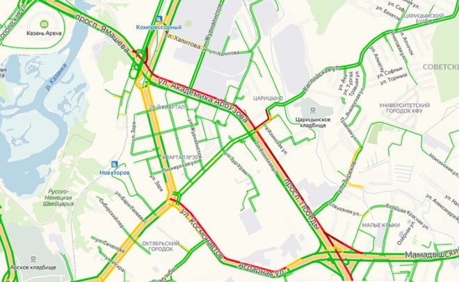 В Казани зафиксировали необычную пробку на проспекте Победы и улице Академика Арбузова