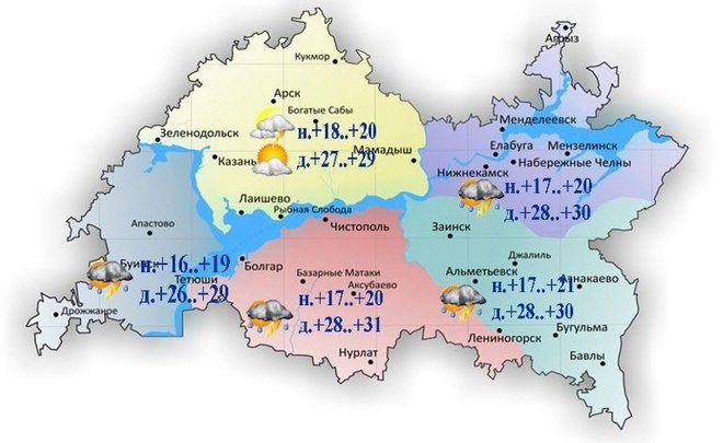 В Татарстане сегодня местами дождь, гроза и до +31 градуса