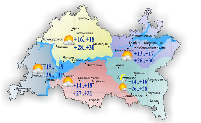 Сегодня днем в Татарстане ожидаются слабый ветер и до +31